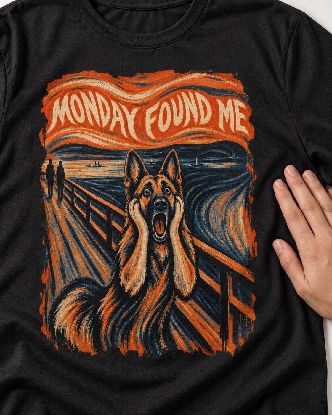 German Shepherd Dog Monday Found Me Scream Graphic T-Shirt in Black, close-up of the graphic