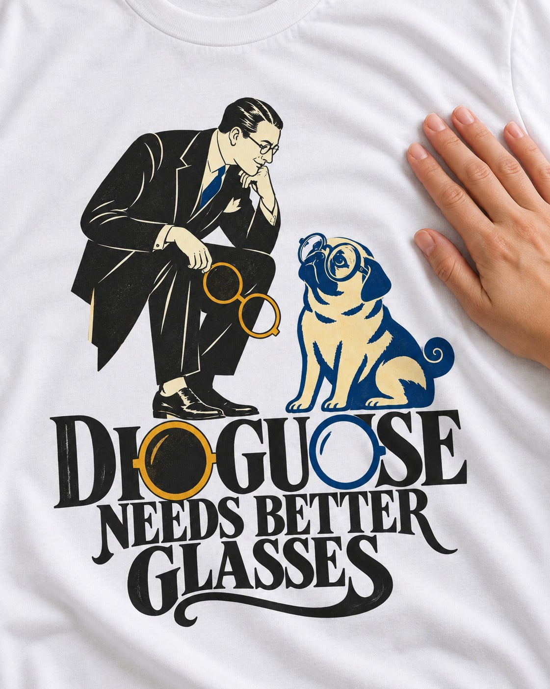Pug Needs Better Glasses T-Shirt in White, close-up of the graphic