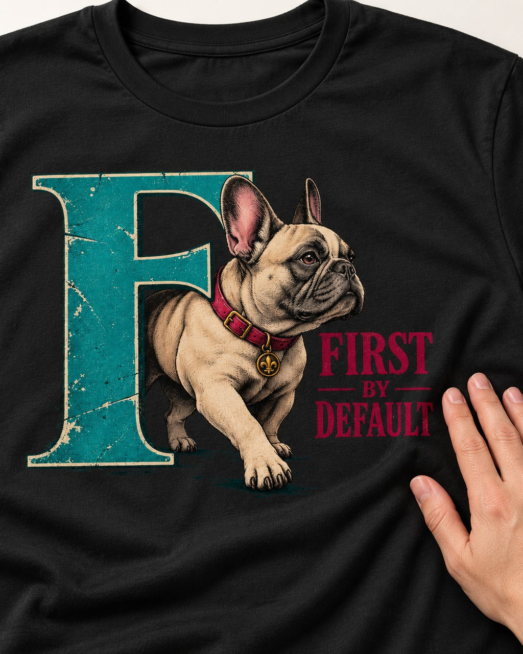 Frenchie First by Default Teal F Graphic T-Shirt in Black, close-up of the graphic