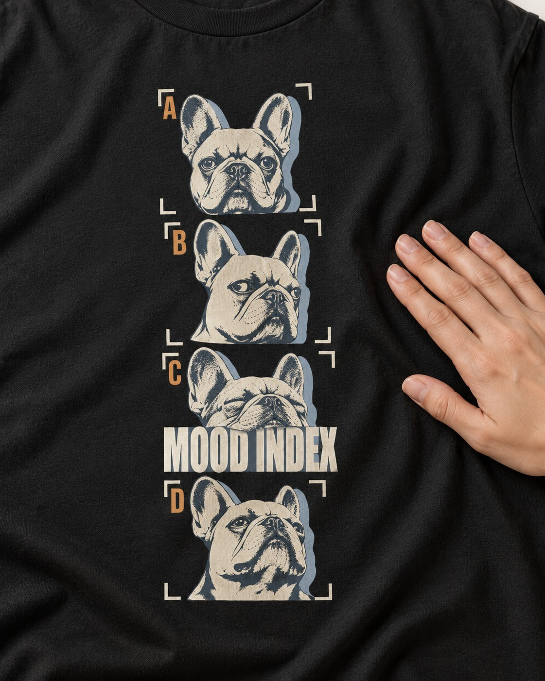 Frenchie Mood Index Four-Panel Strip Graphic T-Shirt in Black, close-up of the graphic