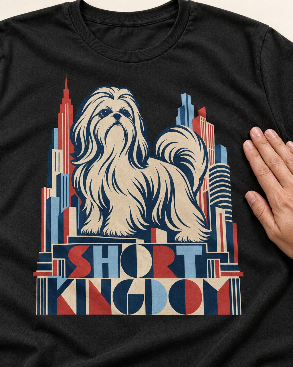 Shih Tzu Short Kingdom Art Deco Skyline Graphic T-Shirt in Black, close-up of the graphic