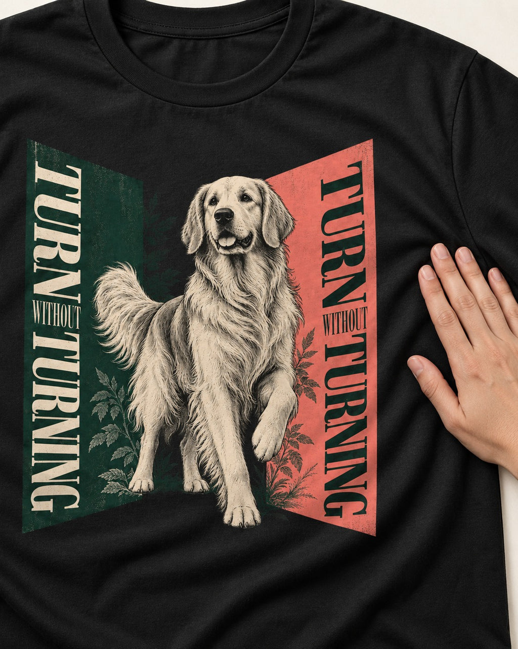 Golden Retriever Turn Without Turning Gateway Graphic T-Shirt in Black, close-up of the graphic