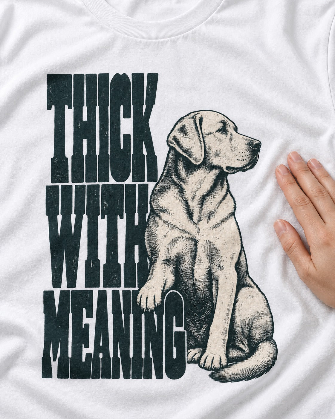Thick with Meaning Labrador Retriever T-Shirt in White, close-up of the graphic