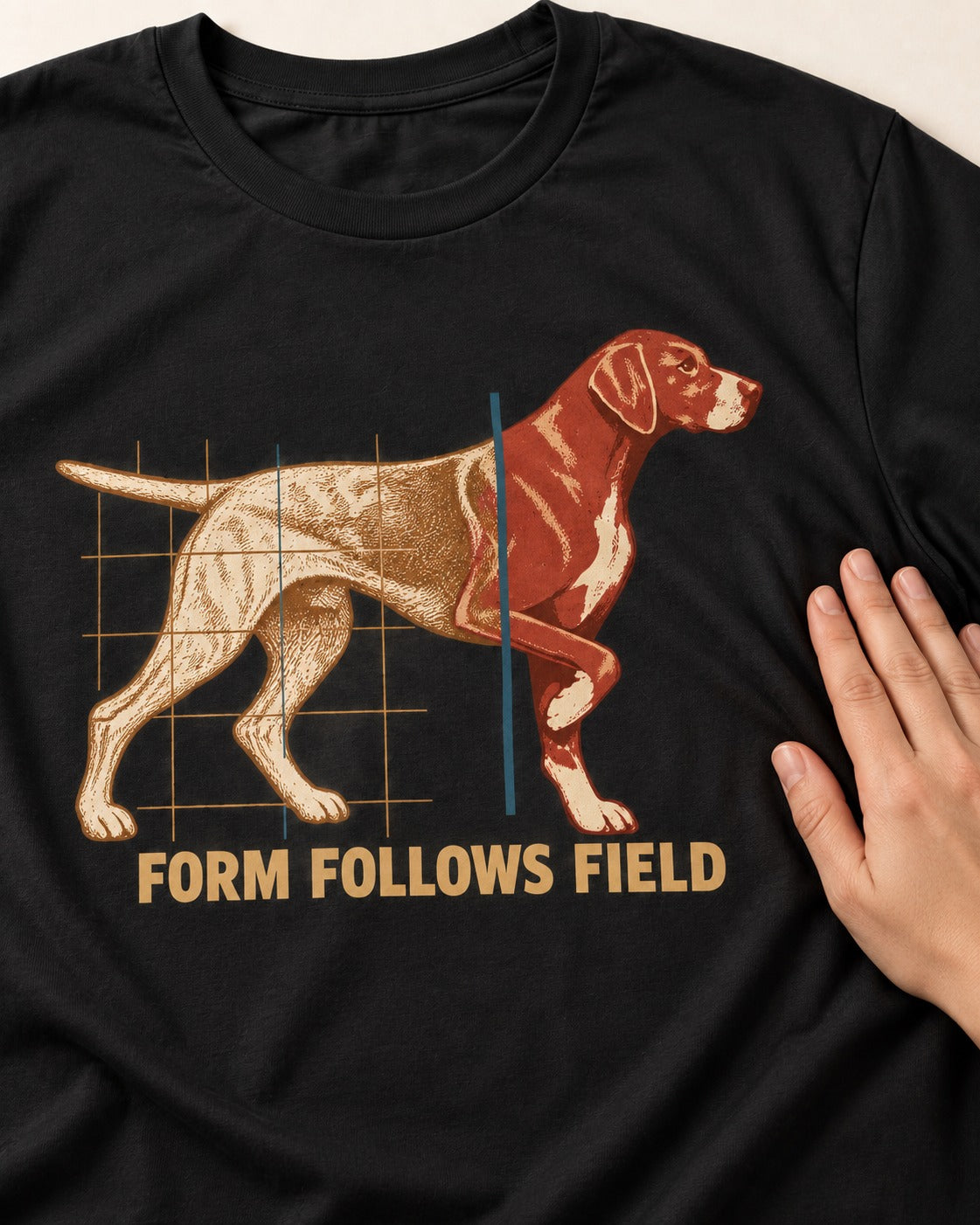 German Shorthaired Pointer Form Follows Field Grid Graphic T-Shirt in Black, close-up of the graphic