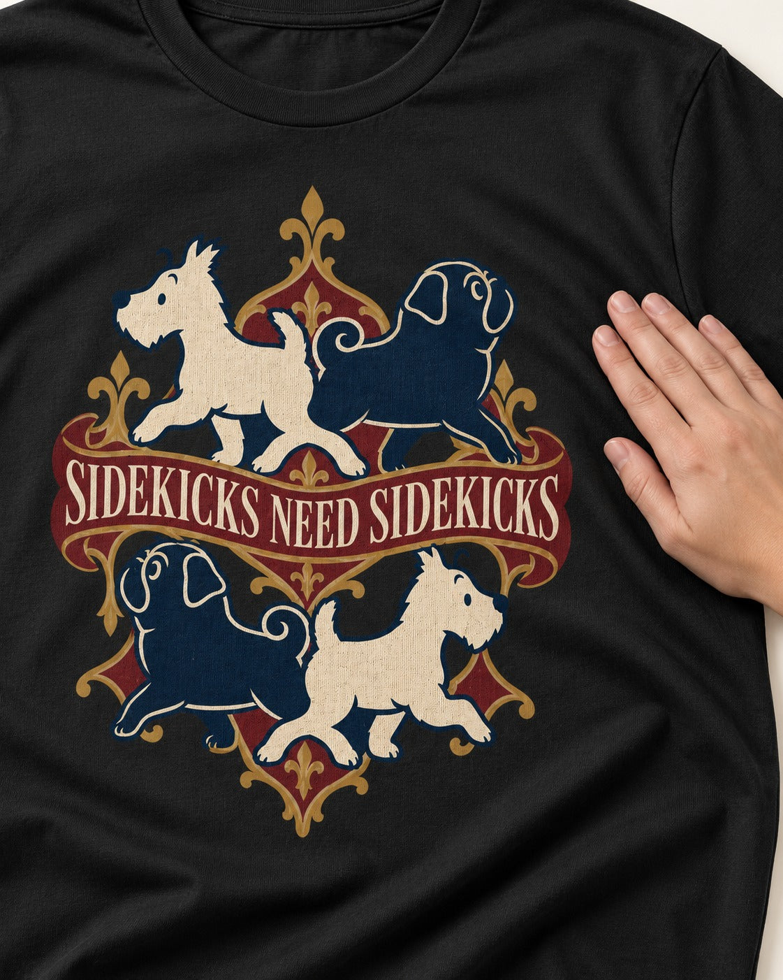 Pug Sidekicks Need Sidekicks Heraldic Graphic T-Shirt in Black, close-up of the graphic