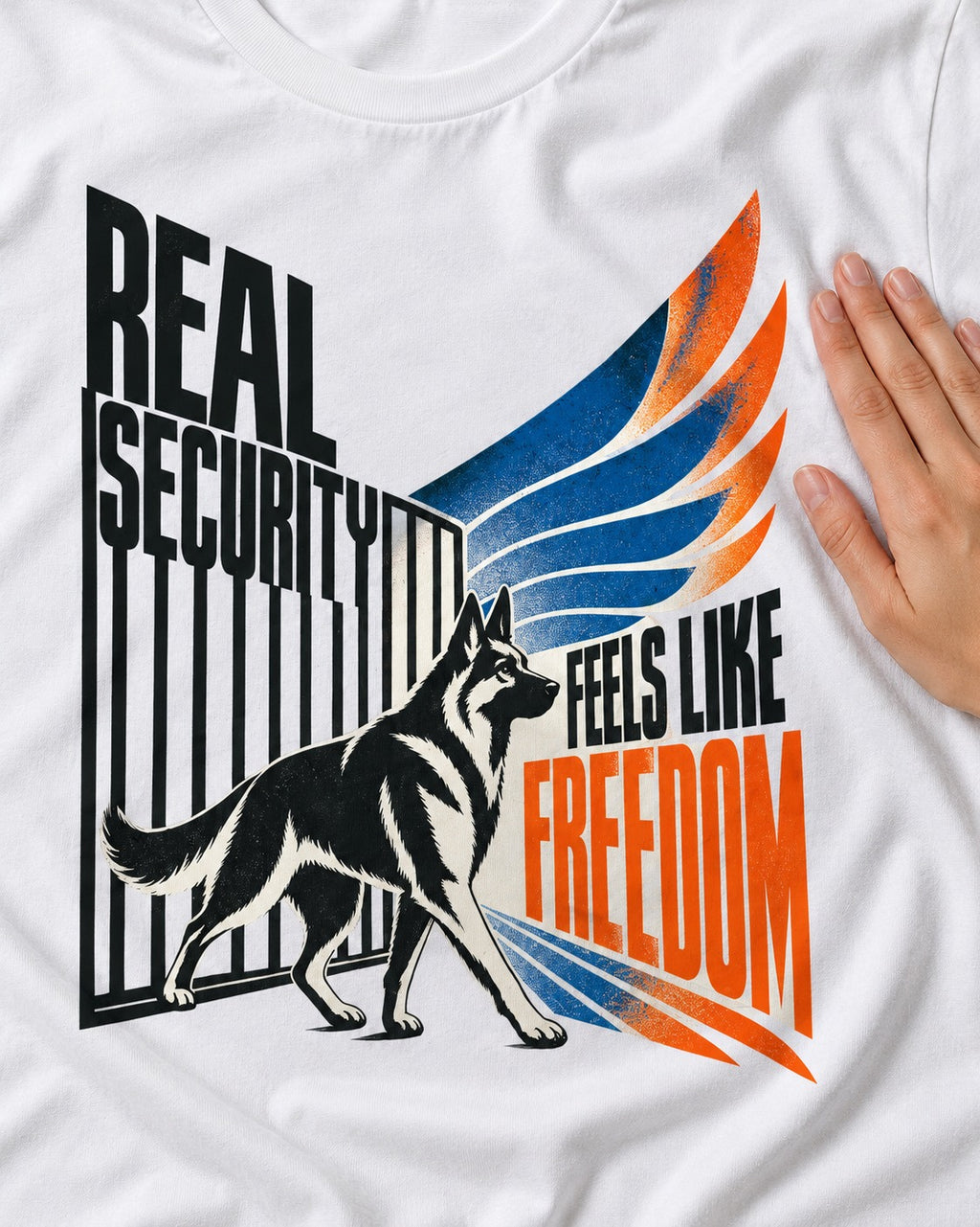 German Shepherd Dog Feels Like Freedom T-Shirt in White, close-up of the graphic