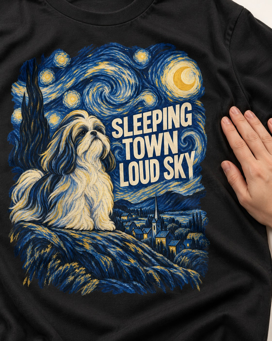 Shih Tzu Sleeping Town Loud Sky Swirling Night Graphic T-Shirt in Black, close-up of the graphic