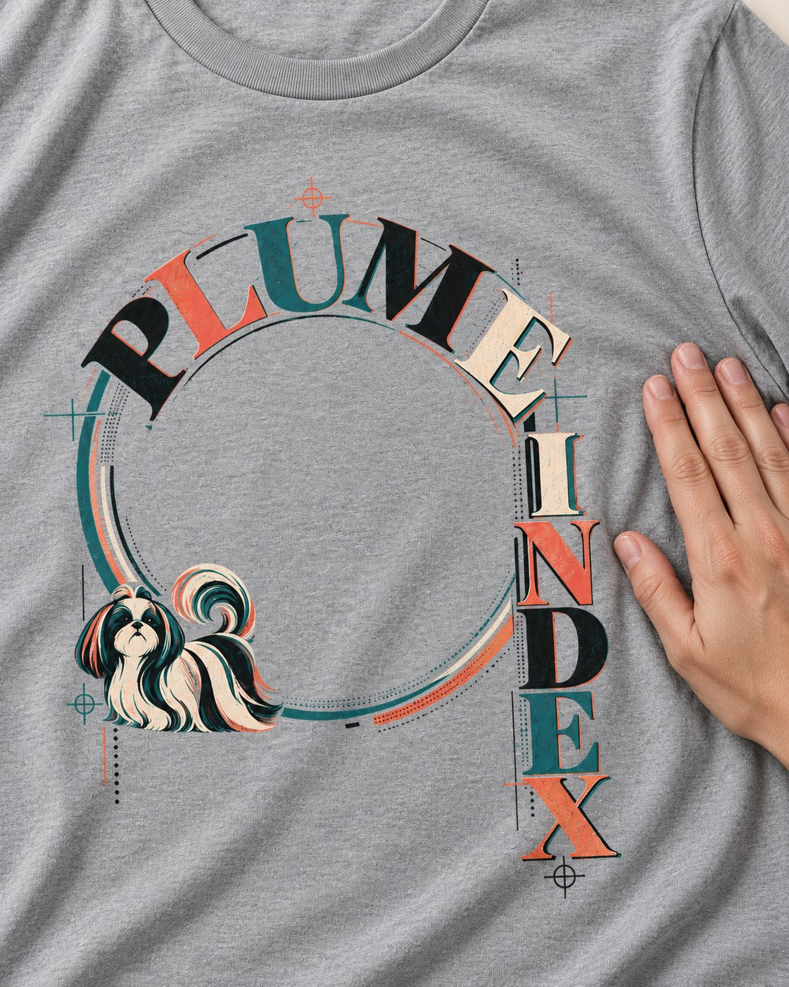Shih Tzu Plume Index Circular Typography Graphic T-Shirt in Sport Grey, close-up of the graphic