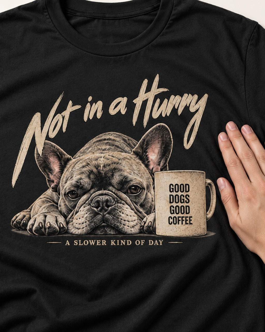 Frenchie Not in a Hurry Coffee Graphic T-Shirt in Black, close-up of the graphic