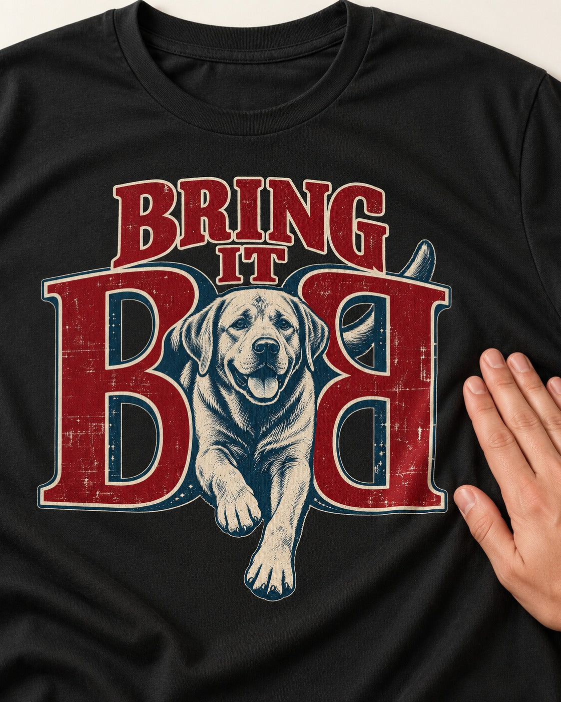 Labrador Retriever Bring It Opposing B Portrait Graphic T-Shirt in Black, close-up of the graphic