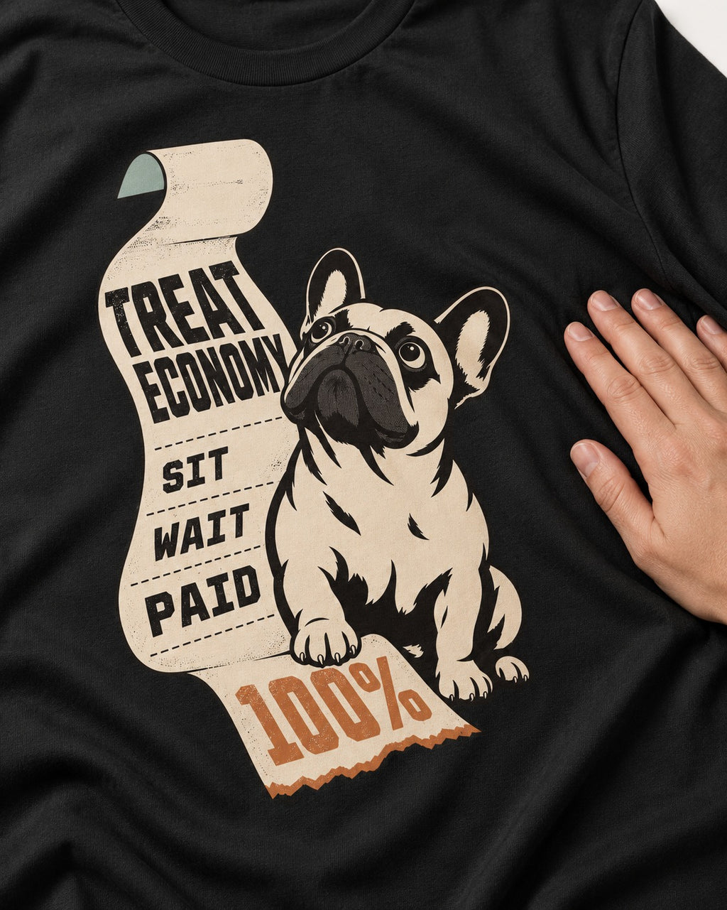 Frenchie Treat Economy Sit Wait Paid Receipt Graphic T-Shirt in Black, close-up of the graphic