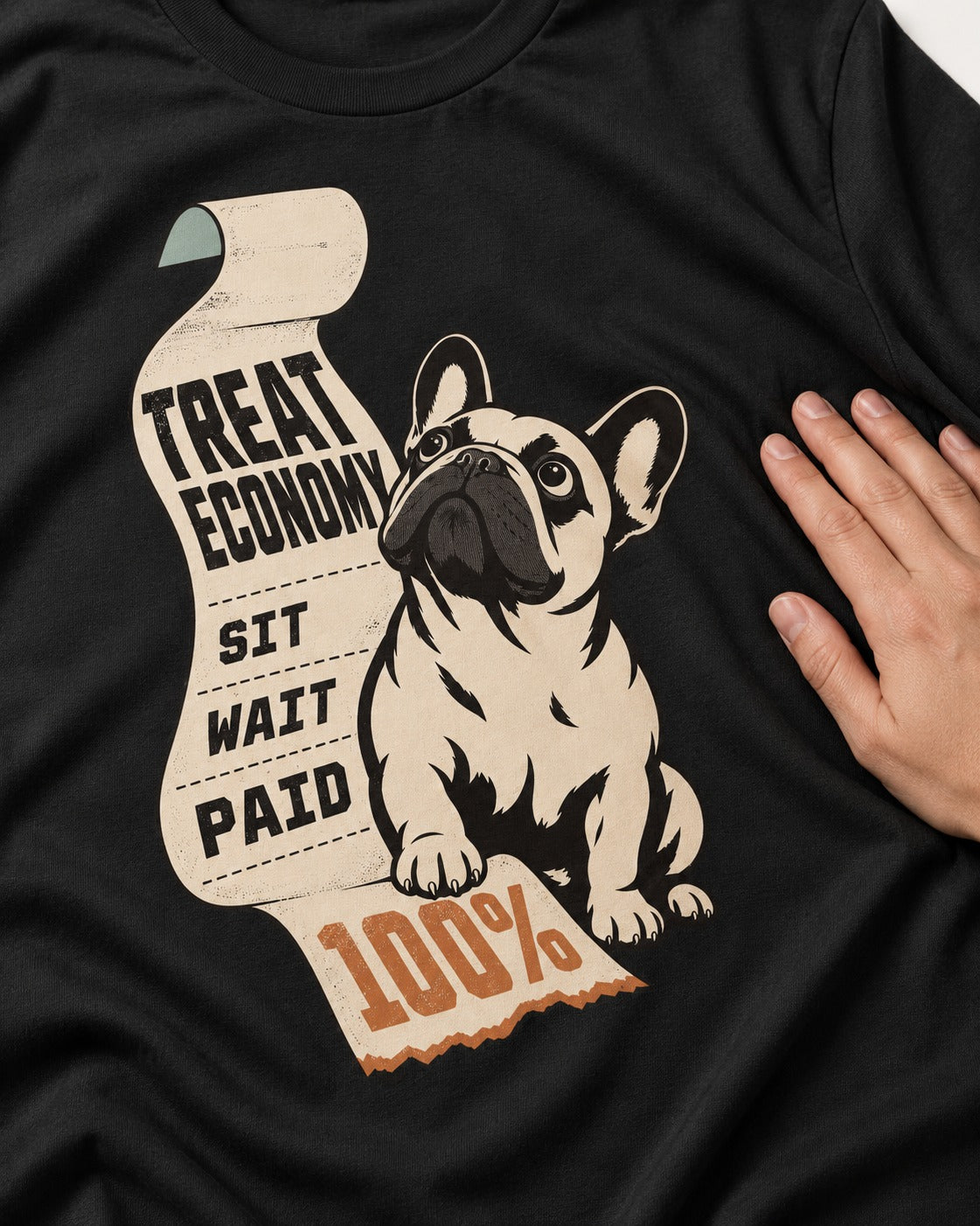 Frenchie Treat Economy Sit Wait Paid Receipt Graphic T-Shirt in Black, close-up of the graphic