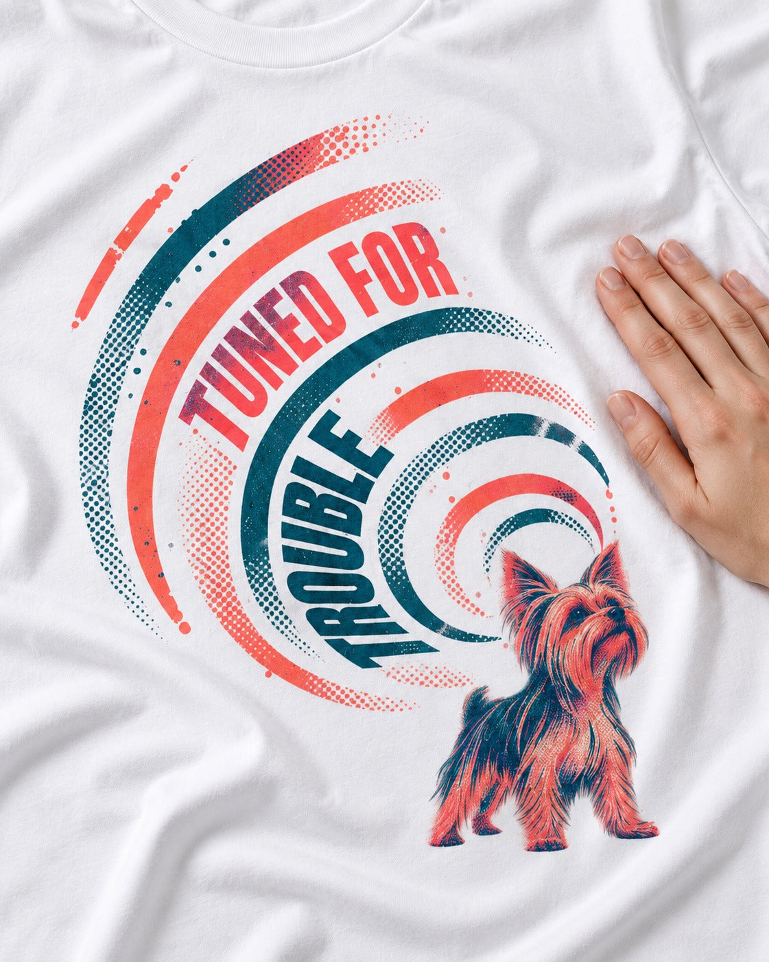 Yorkshire Terrier Tuned for Trouble T-Shirt in White, close-up of the graphic