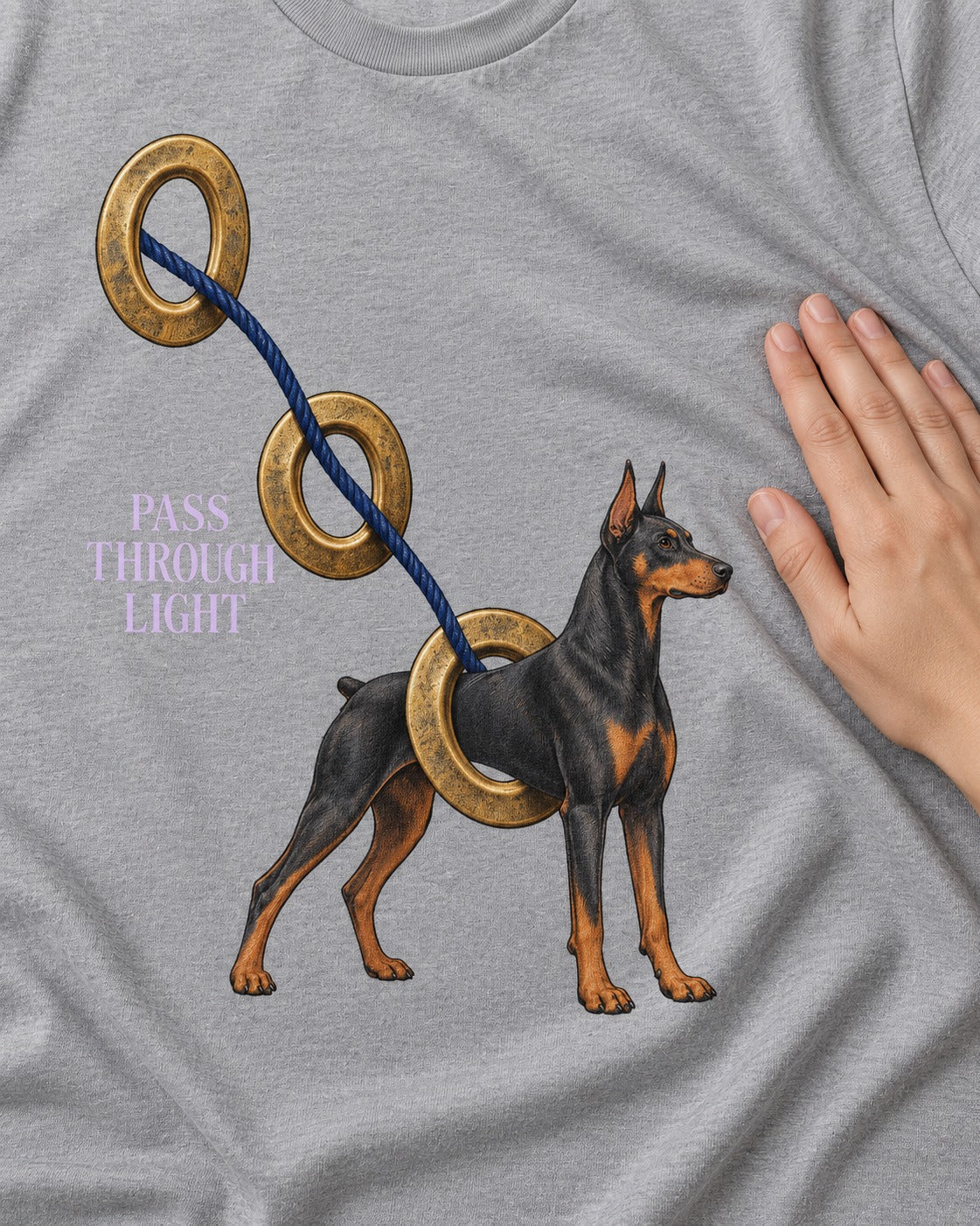 Doberman Pass Through Light Ring Graphic T-Shirt in Sport Grey, close-up of the graphic