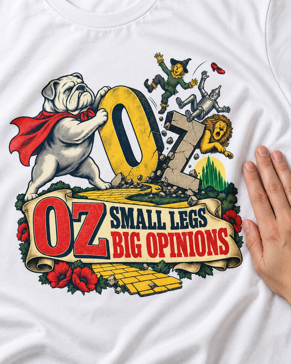 English Bulldog Small Legs Big Opinions T-Shirt in White, close-up of the graphic