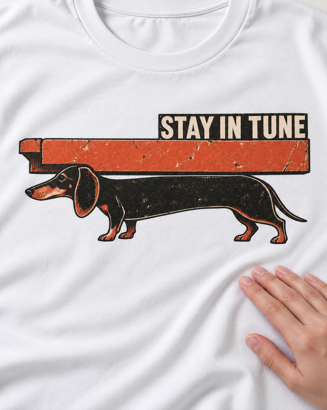 Dachshund Stay in Tune T-Shirt in White, close-up of the graphic
