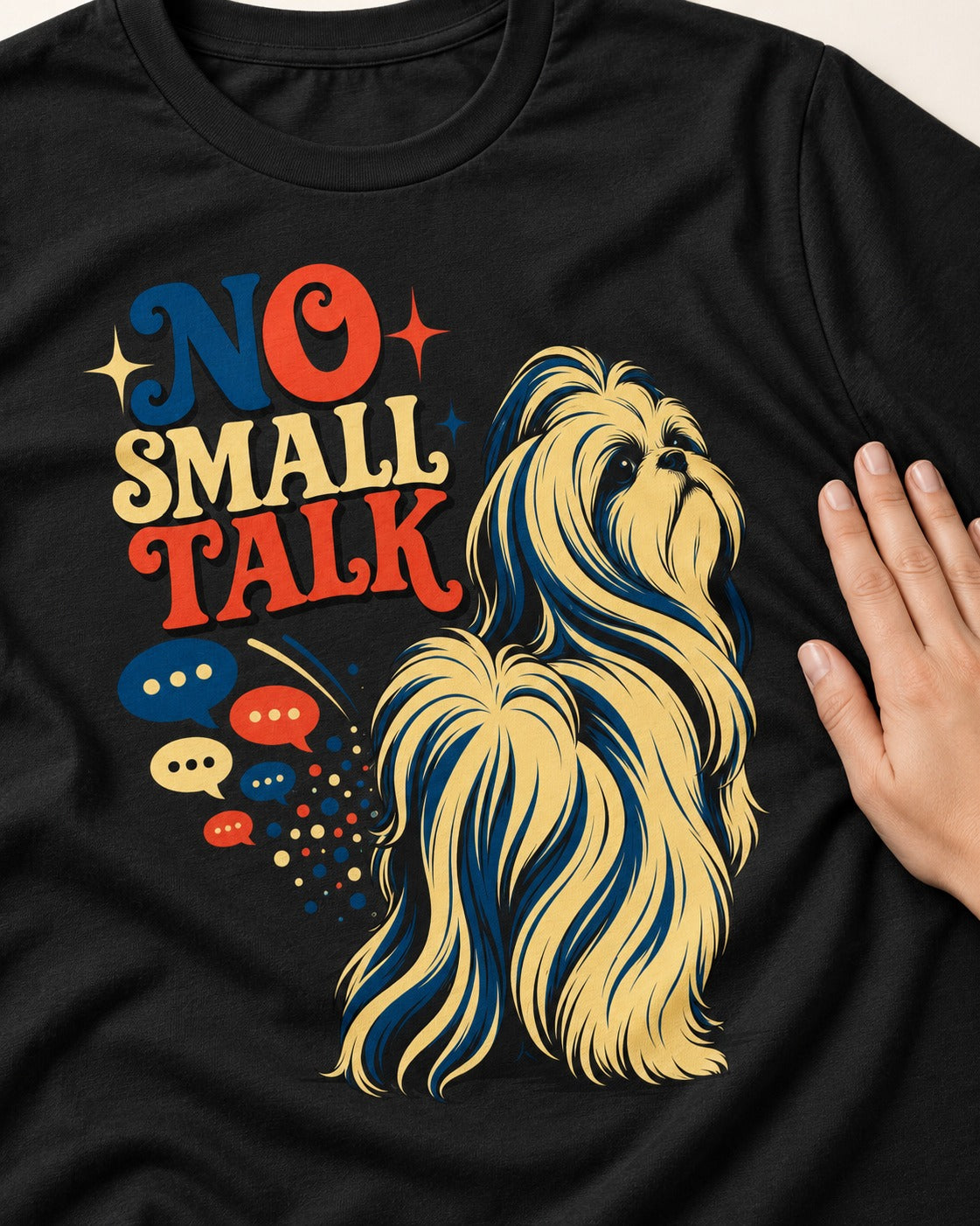 Shih Tzu No Small Talk Speech Bubble Graphic T-Shirt in Black, close-up of the graphic