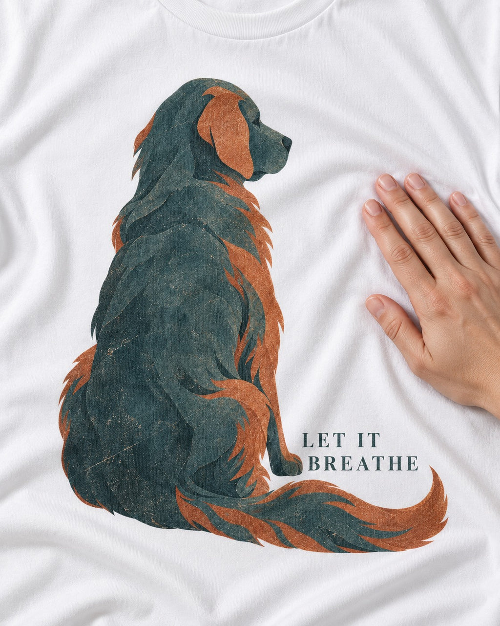 Let It Breathe Golden Retriever T-Shirt in White, close-up of the graphic