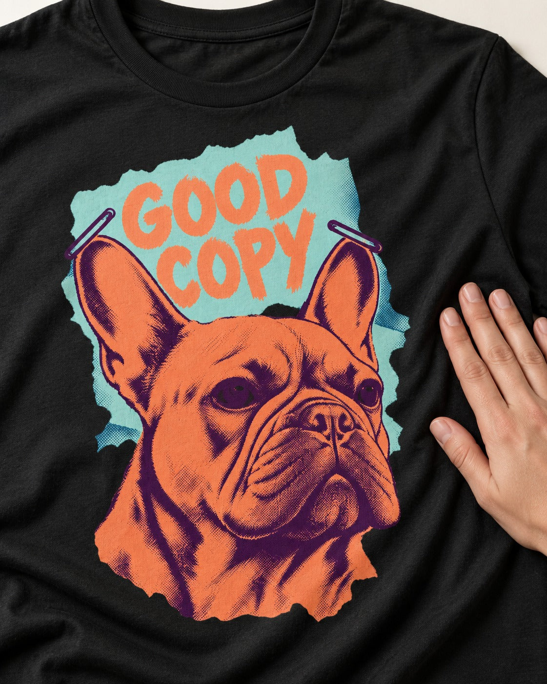 Frenchie Good Copy Stapled Zine Graphic T-Shirt in Black, close-up of the graphic