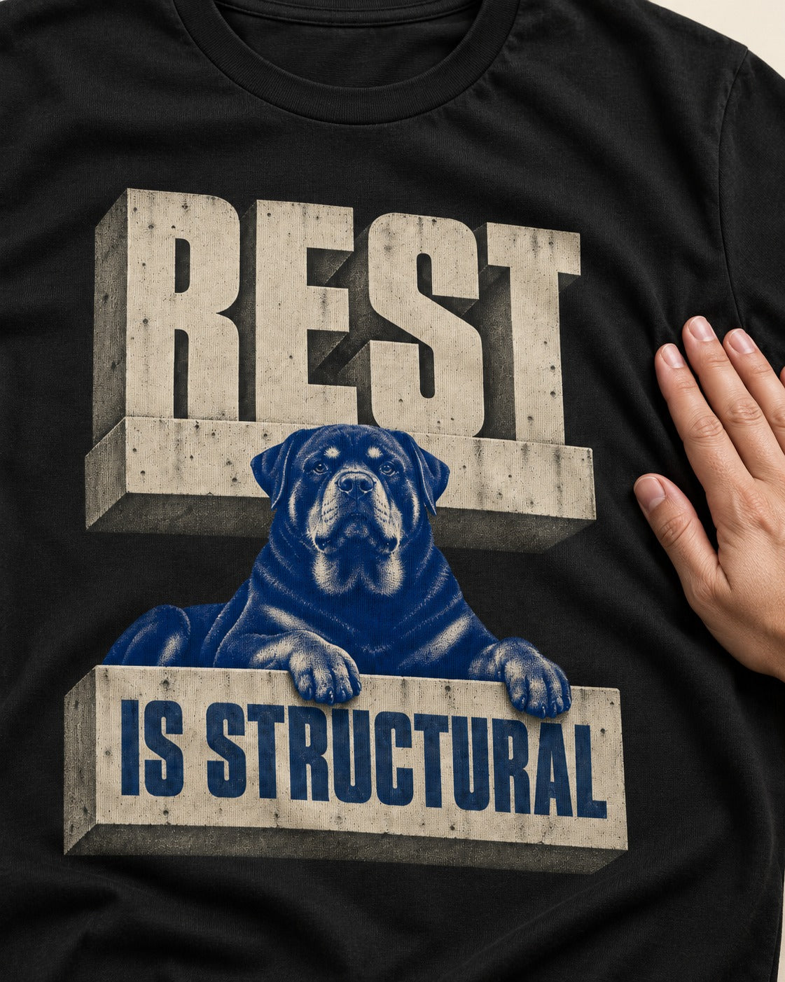 Rottweiler Rest Is Structural Architectural Type Graphic T-Shirt in Black, close-up of the graphic