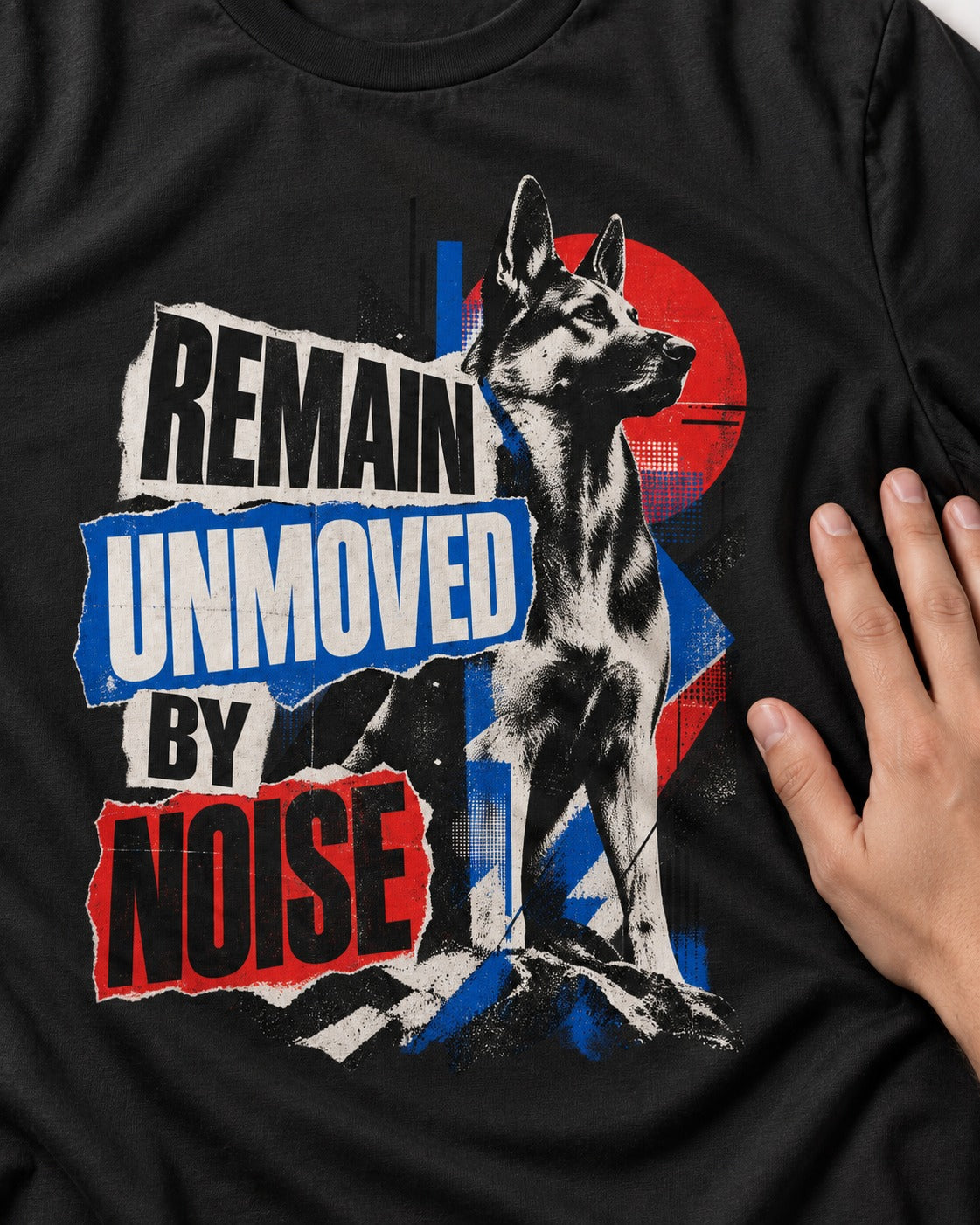 Remain Unmoved By Noise Brutalist Collage German Shepherd Dog Graphic T-Shirt in Black, close-up of the graphic