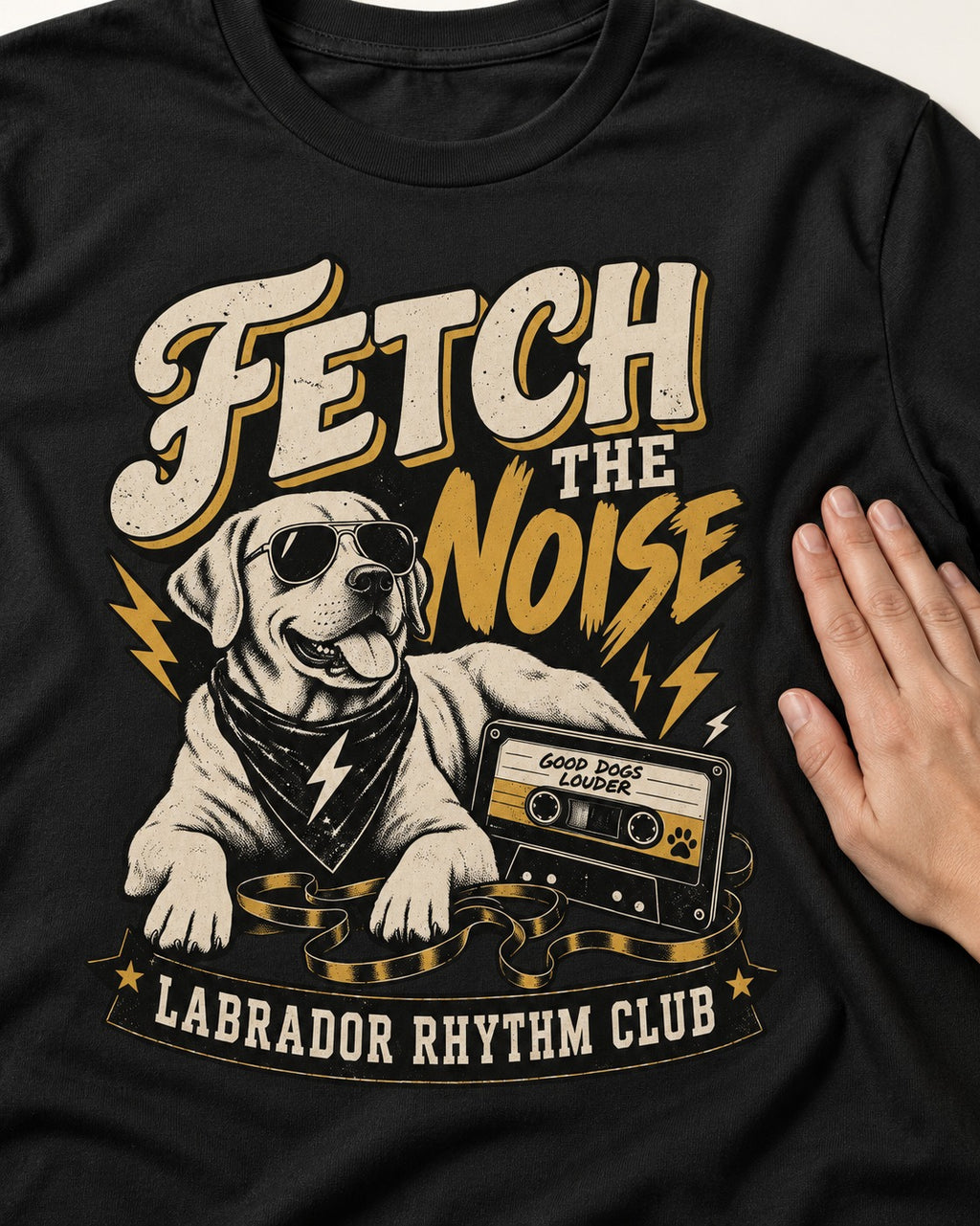 Labrador Retriever Fetch the Noise Rhythm Club DJ Graphic T-Shirt in Black, close-up of the graphic