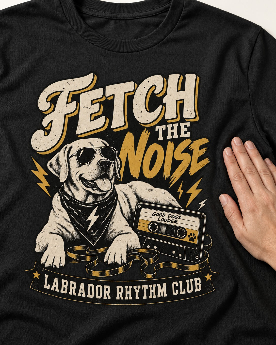 Labrador Retriever Fetch the Noise Rhythm Club DJ Graphic T-Shirt in Black, close-up of the graphic
