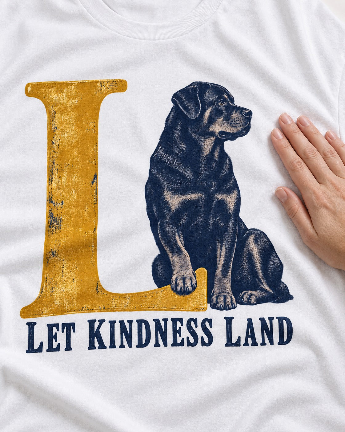Let Kindness Lead Rottweiler T-Shirt in White, close-up of the graphic