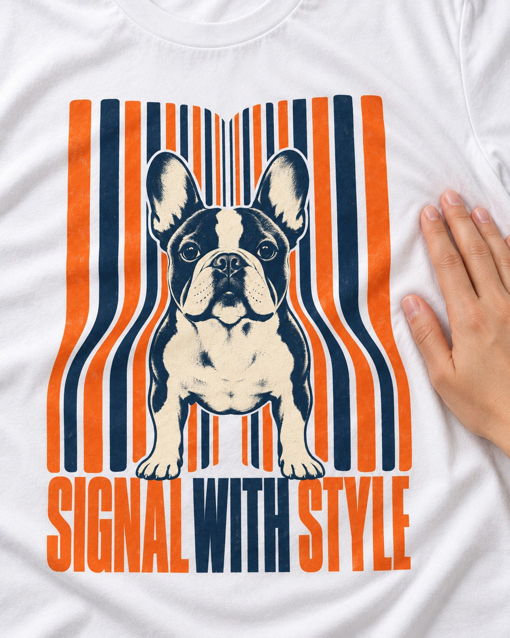 Frenchie Signal T-Shirt in White, close-up of the graphic