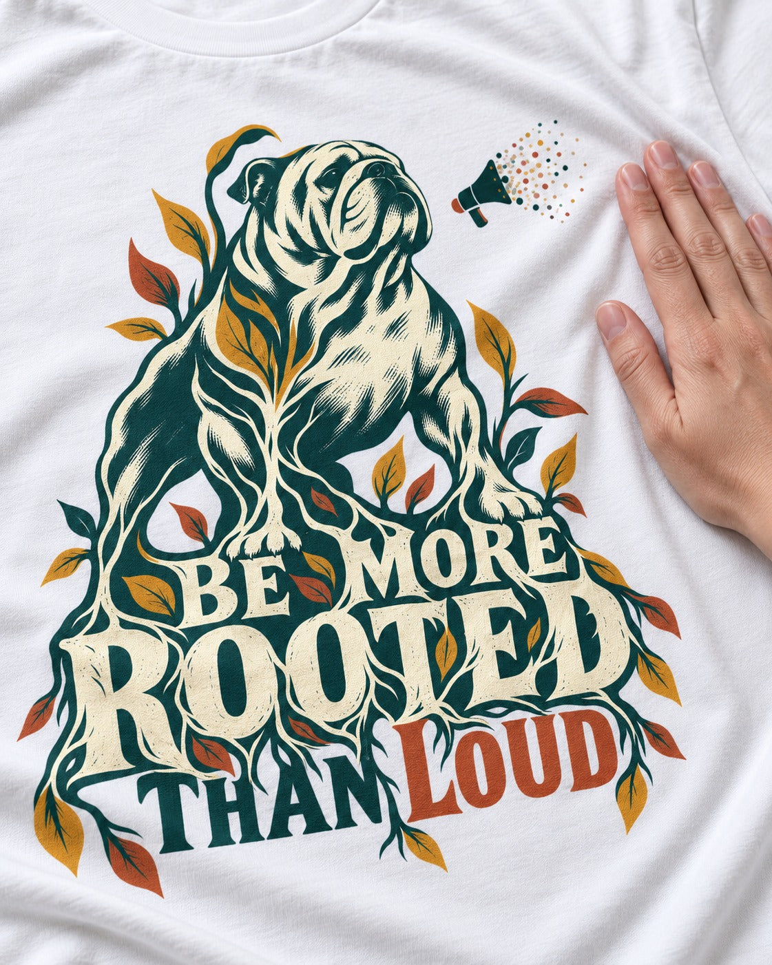 More Rooted Than Loud English Bulldog T-Shirt in White, close-up of the graphic