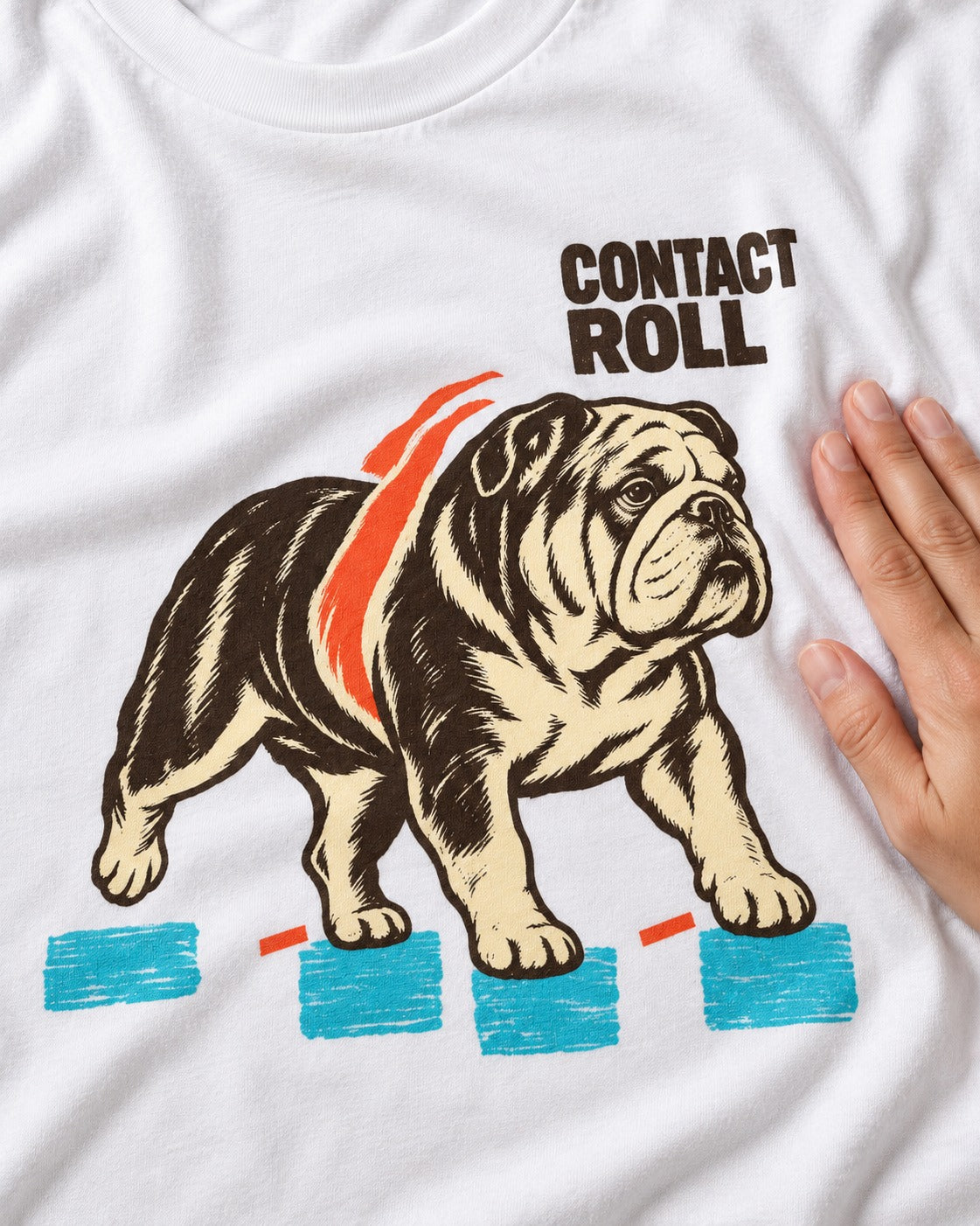 Contact Roll English Bulldog T-Shirt in White, close-up of the graphic