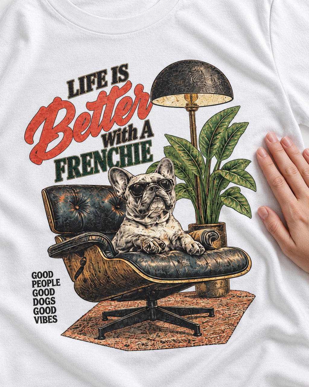 Better with a Frenchie T-Shirt in White, close-up of the graphic