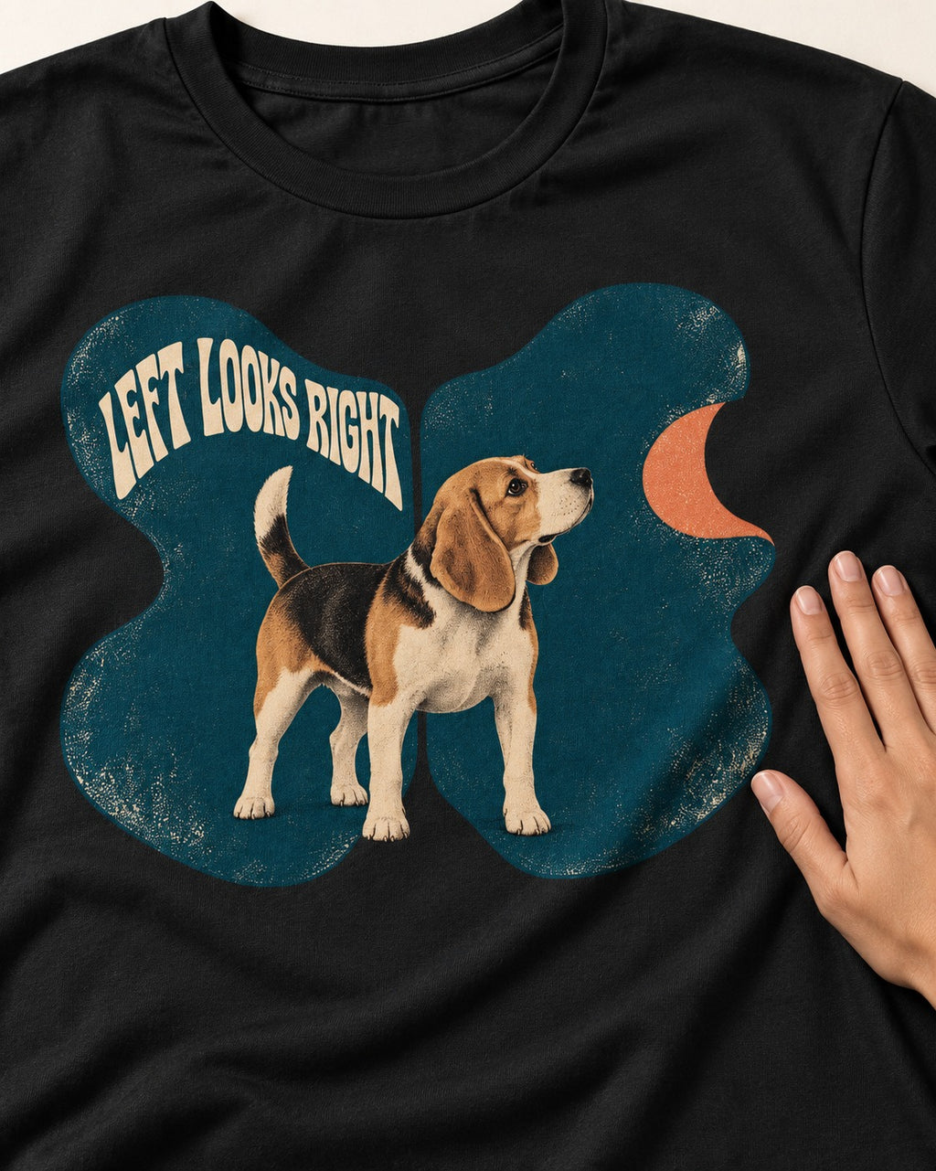 Left Looks Right Beagle Abstract Shapes T-Shirt in Black, close-up of the graphic