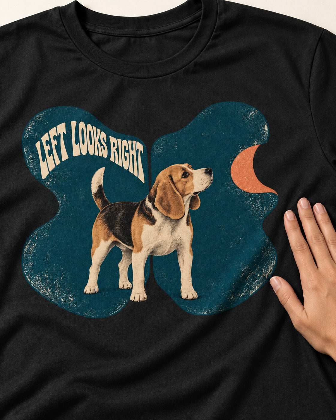 Left Looks Right Beagle Abstract Shapes T-Shirt in Black, close-up of the graphic