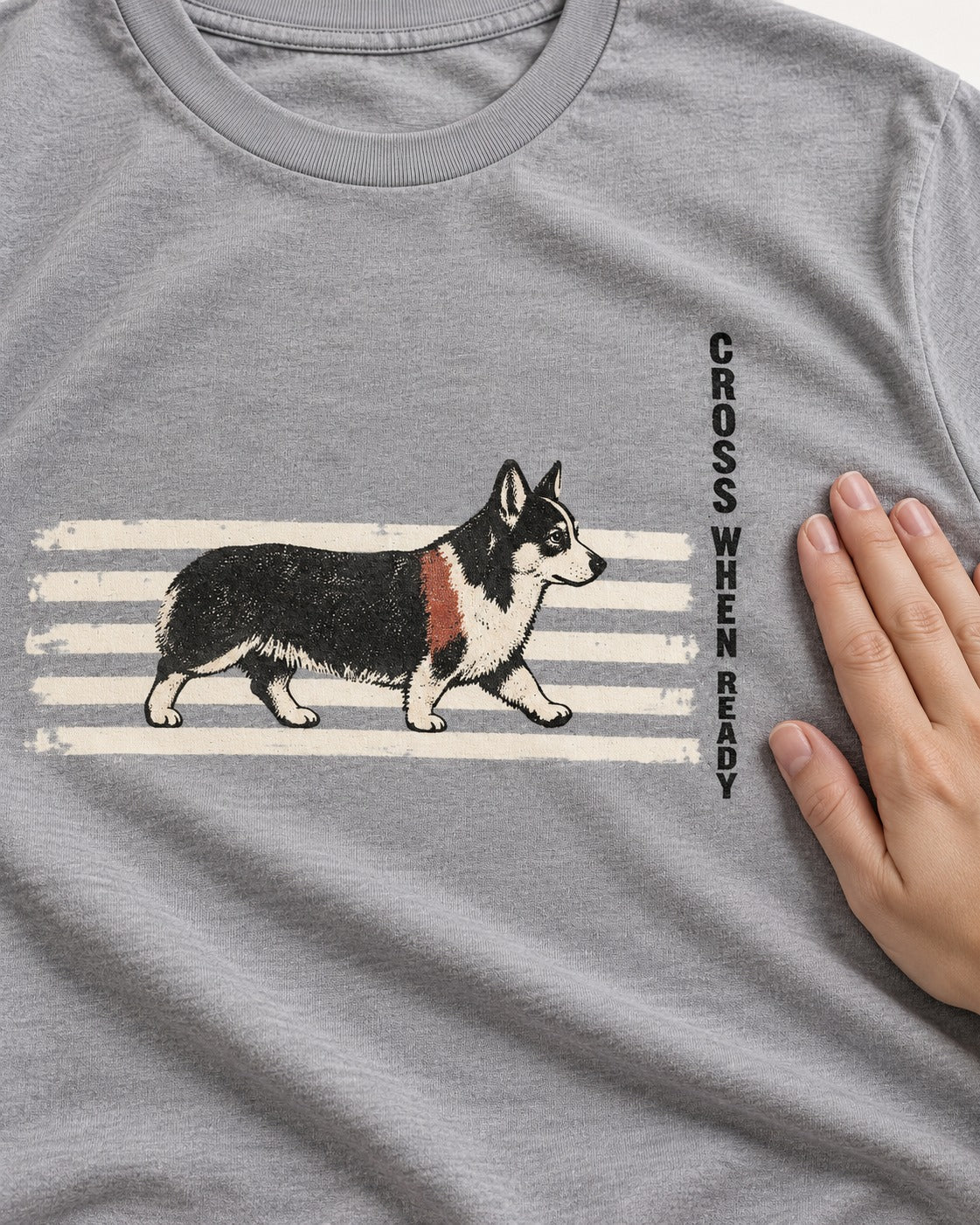 Corgi Cross When Ready Crossing Bars Graphic T-Shirt in Sport Grey, close-up of the graphic