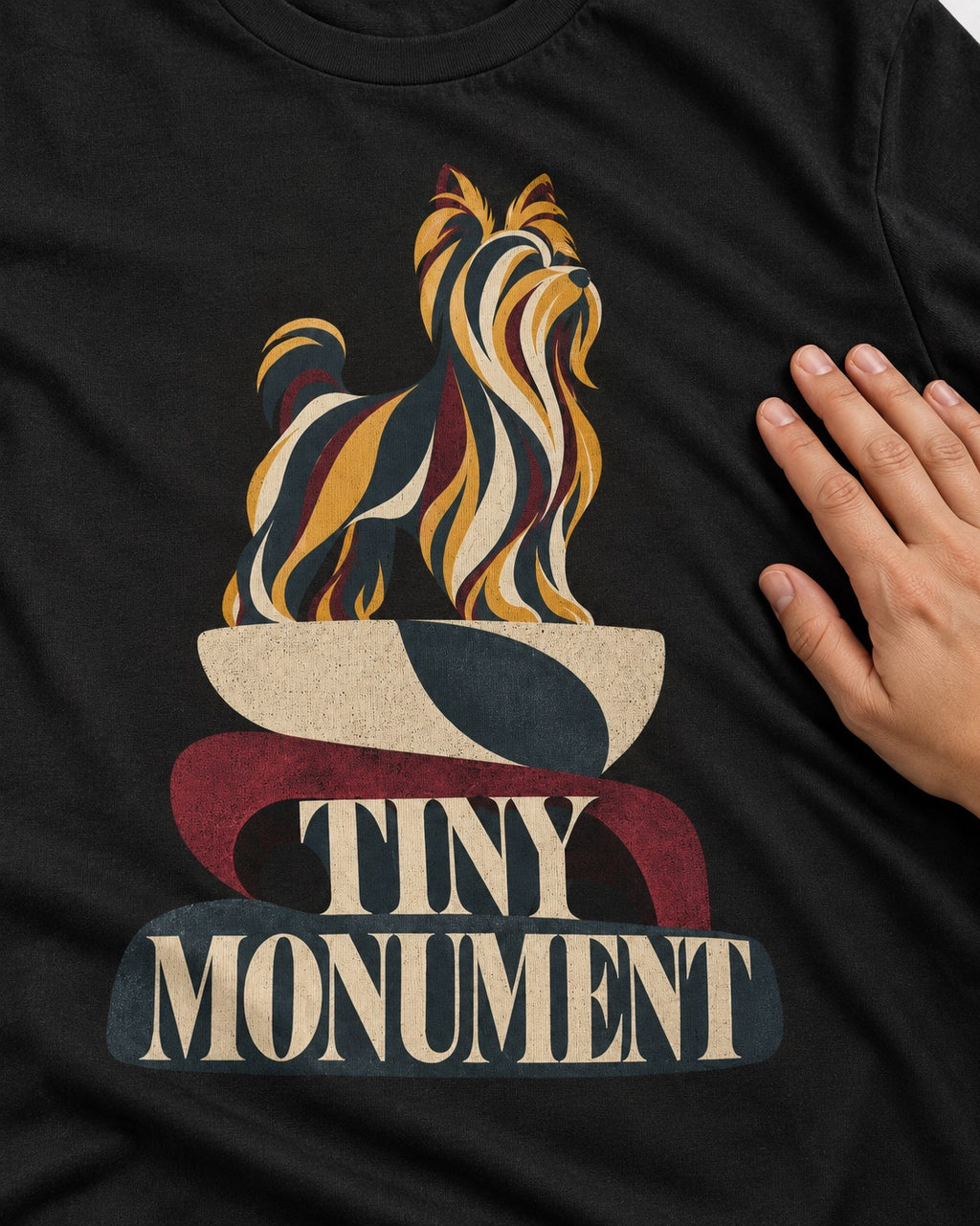 Yorkshire Terrier Tiny Monument Sculptural Plinth Graphic T-Shirt in Black, close-up of the graphic