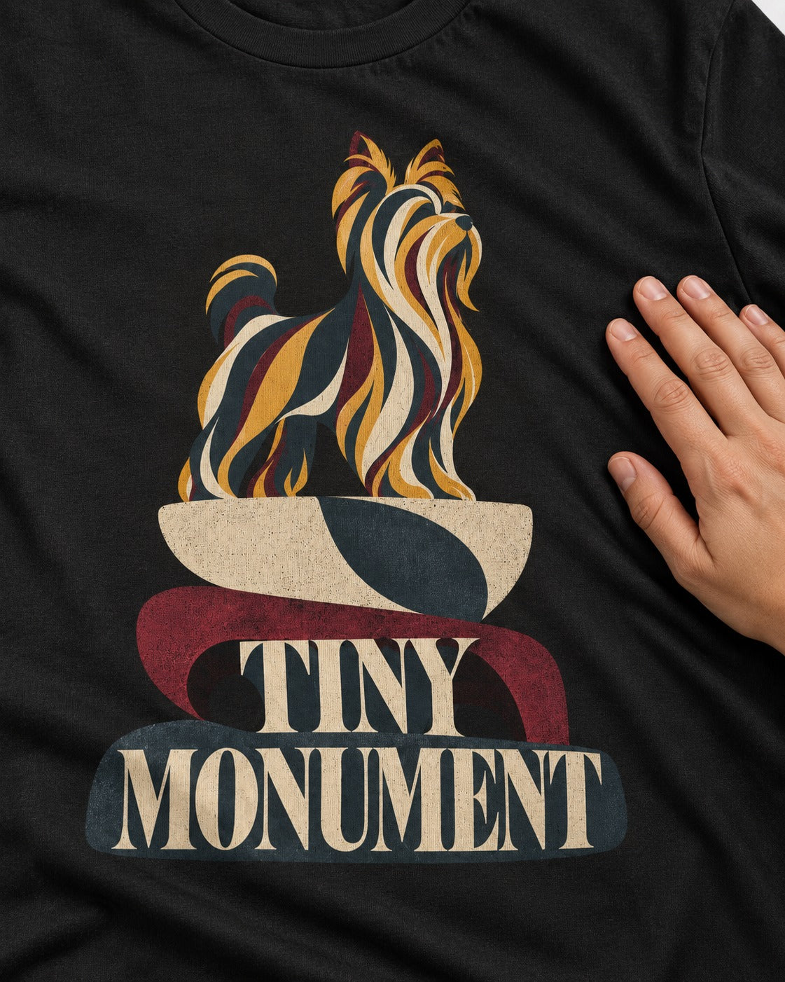 Yorkshire Terrier Tiny Monument Sculptural Plinth Graphic T-Shirt in Black, close-up of the graphic
