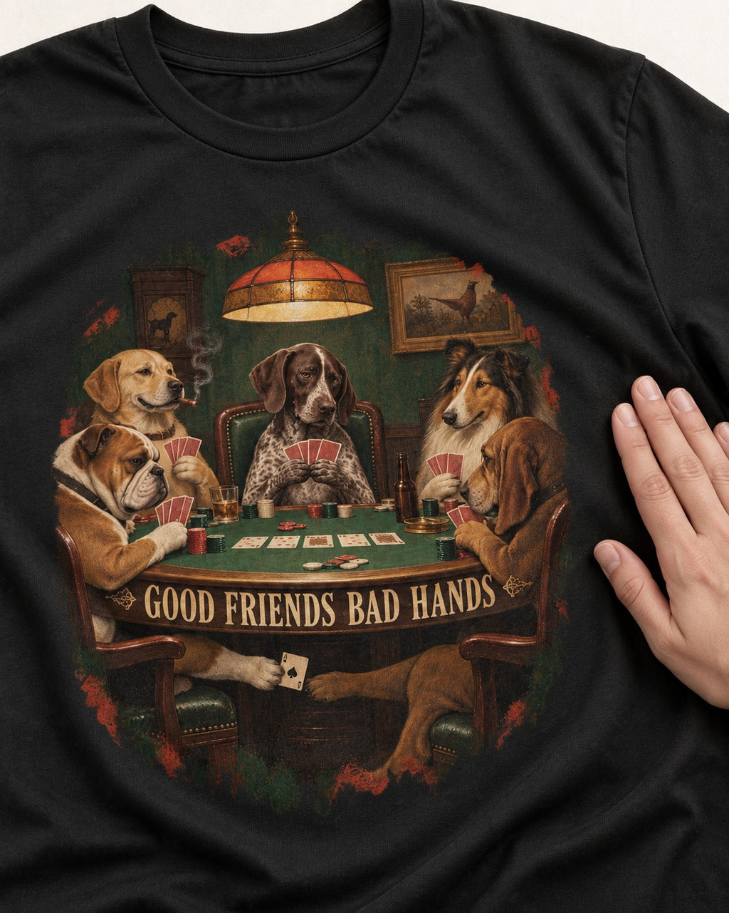 German Shorthaired Pointer Good Friends Bad Hands Poker Night Graphic T-Shirt in Black, close-up of the graphic