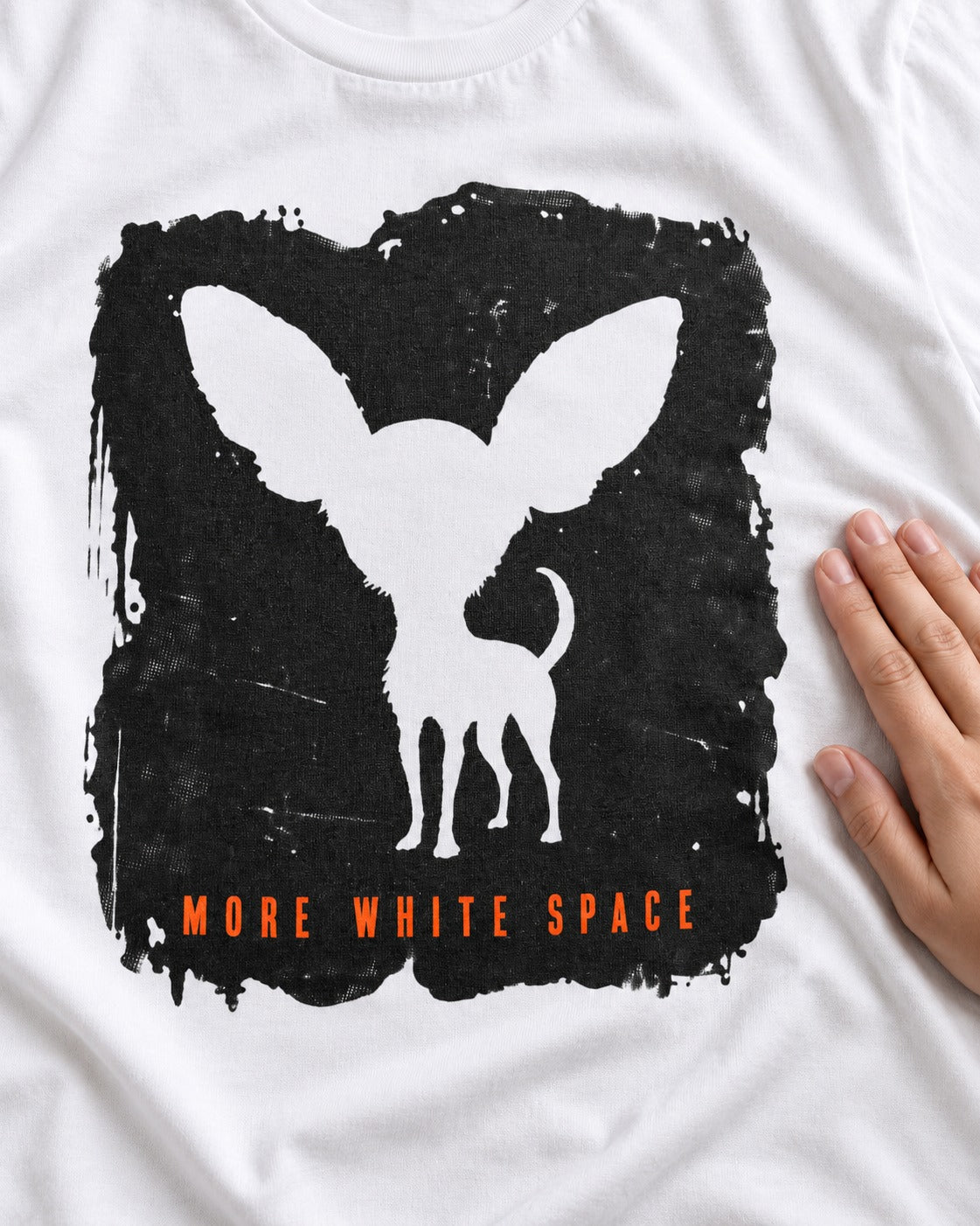 More White Space Chihuahua T-Shirt in White, close-up of the graphic