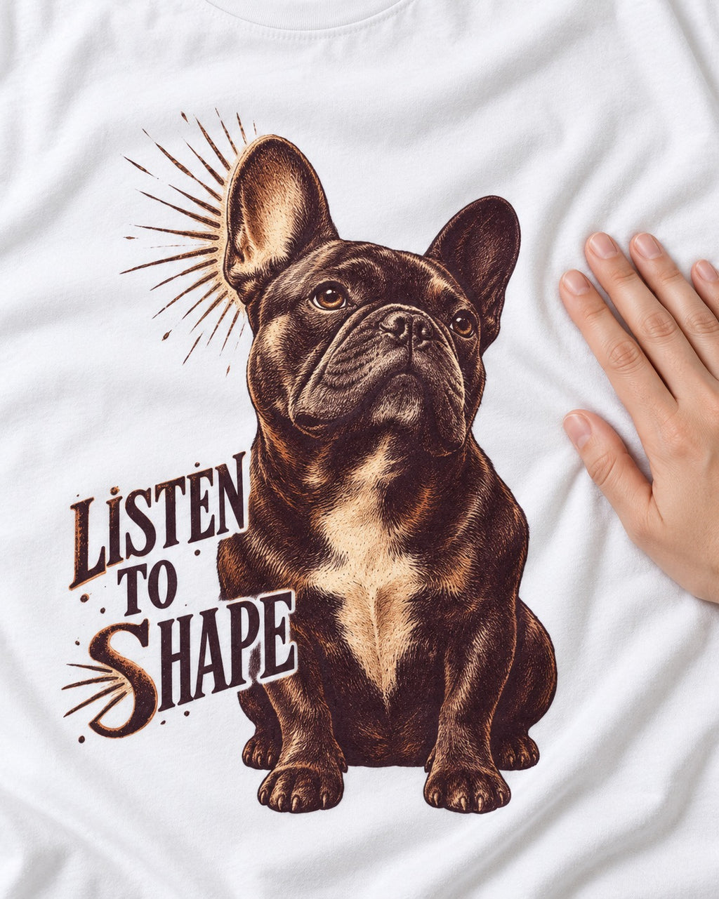 Listen to Shape Frenchie T-Shirt in White, close-up of the graphic