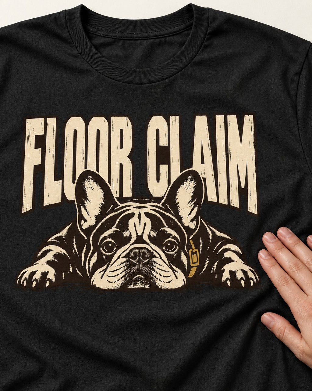 Frenchie Floor Claim Resting Graphic T-Shirt in Black, close-up of the graphic