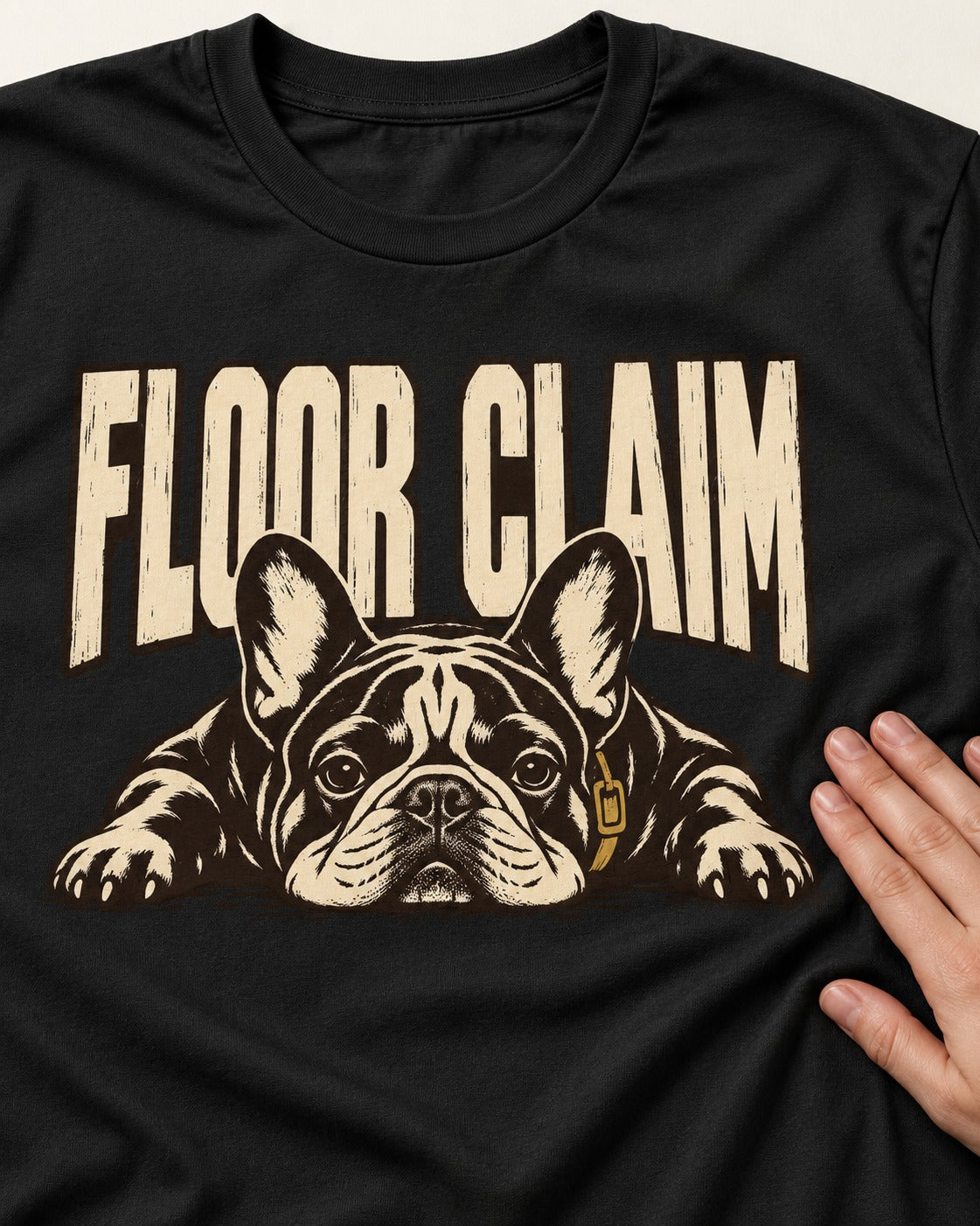 Frenchie Floor Claim Resting Graphic T-Shirt in Black, close-up of the graphic