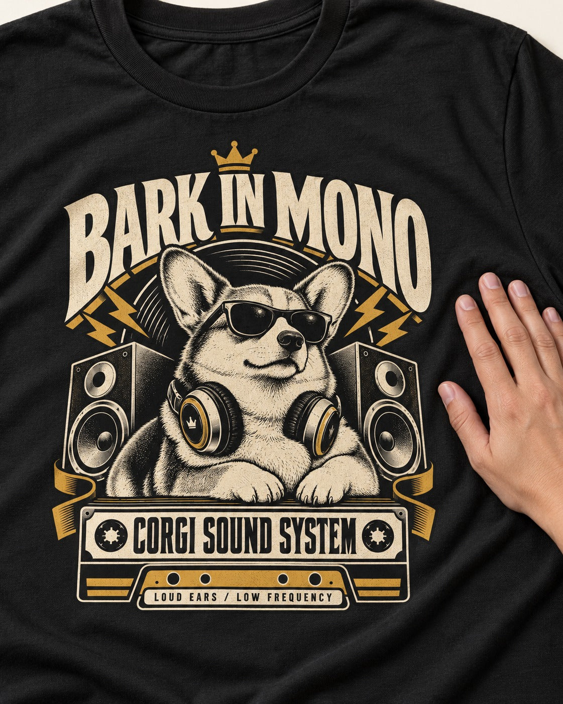 Corgi Bark in Mono Sound System T-Shirt in Black, close-up of the graphic