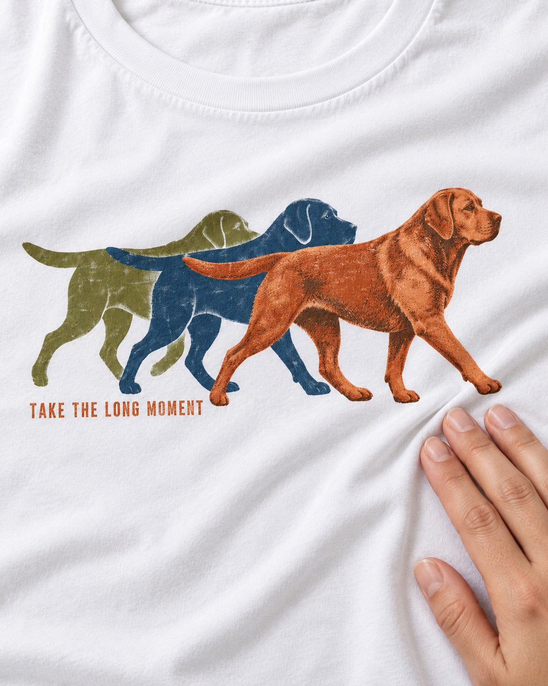 Take the Long Moment Labrador Retriever T-Shirt in White, close-up of the graphic