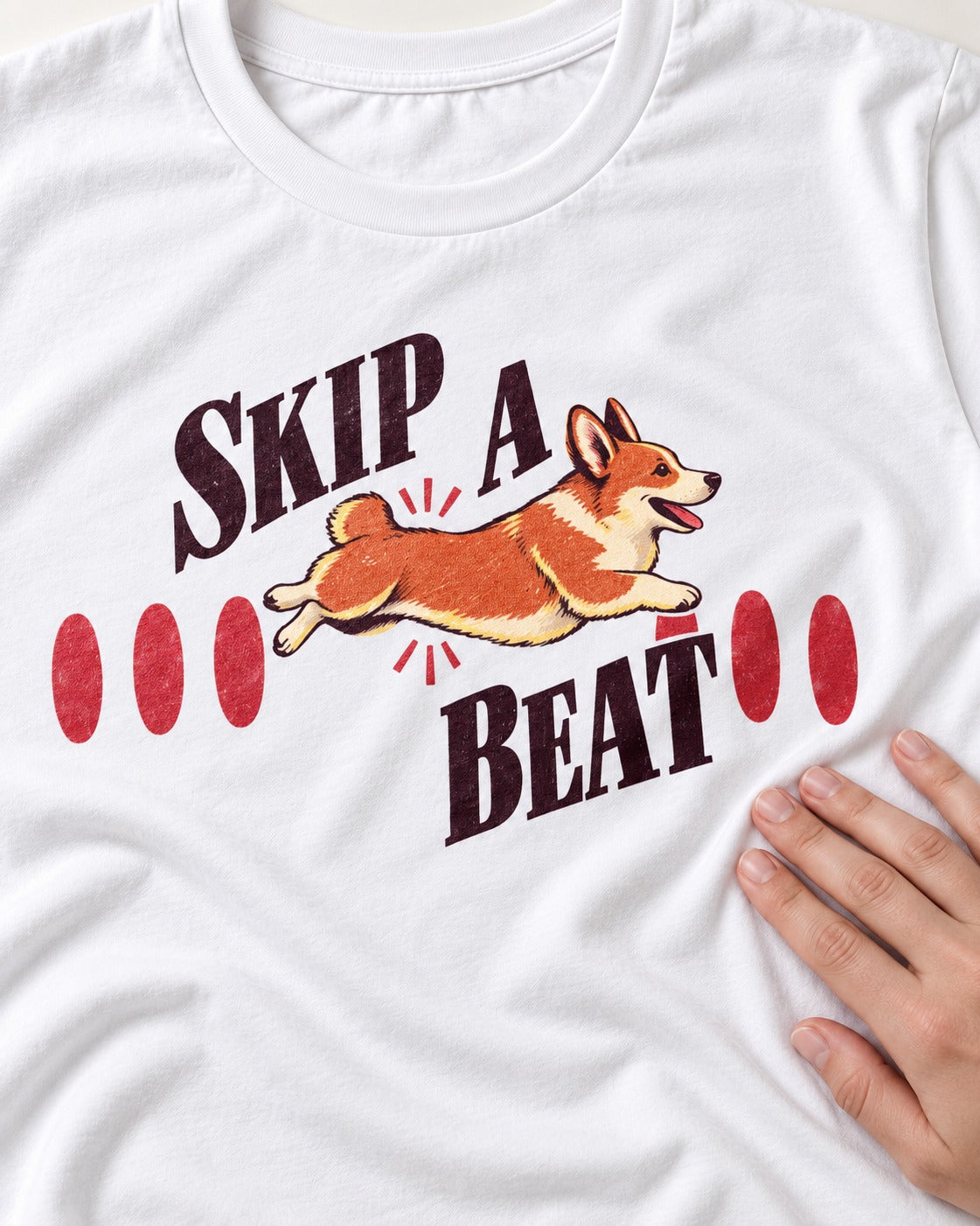 Skip a Beat Corgi T-Shirt in White, close-up of the graphic