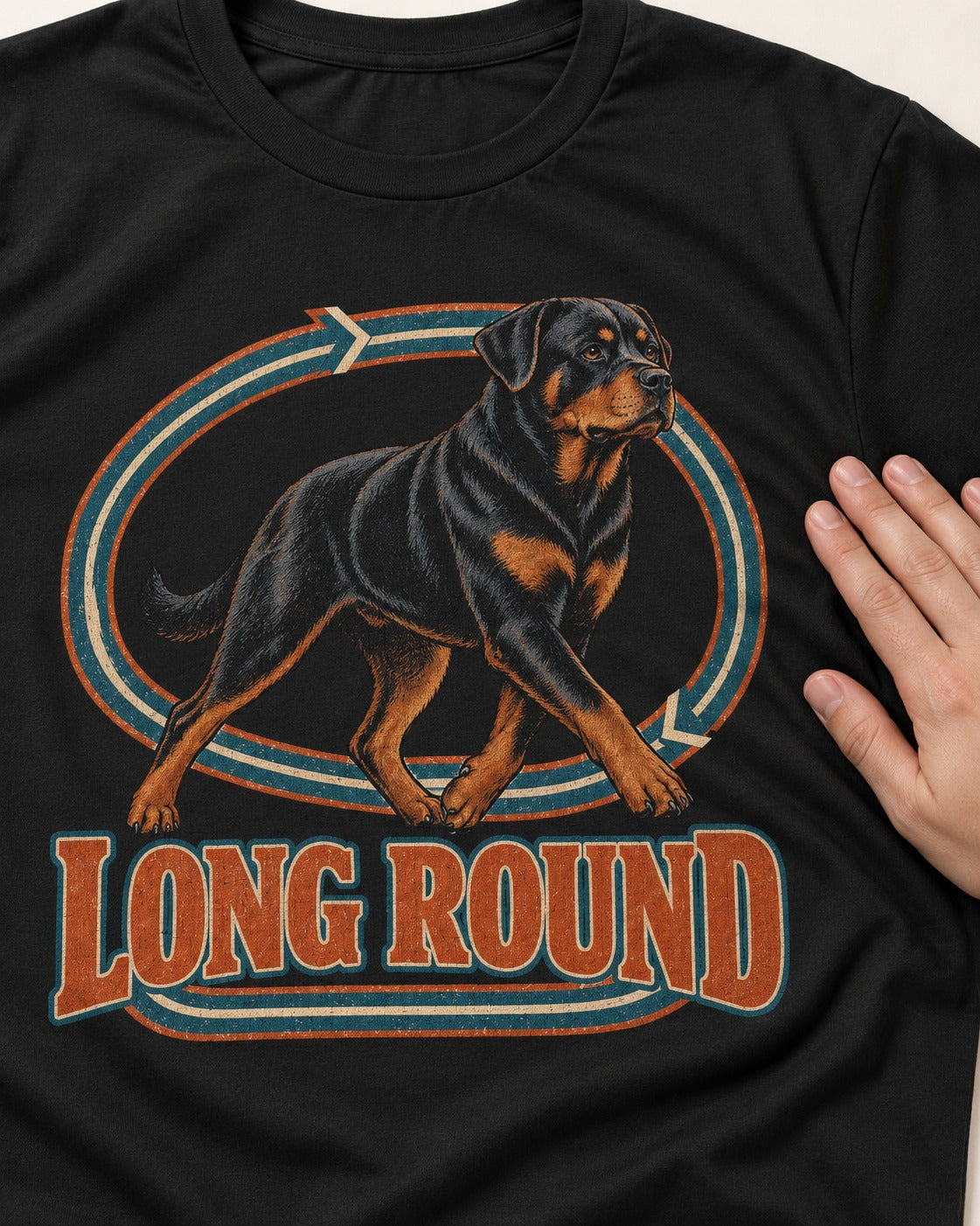 Rottweiler Long Round Circular Track Graphic T-Shirt in Black, close-up of the graphic