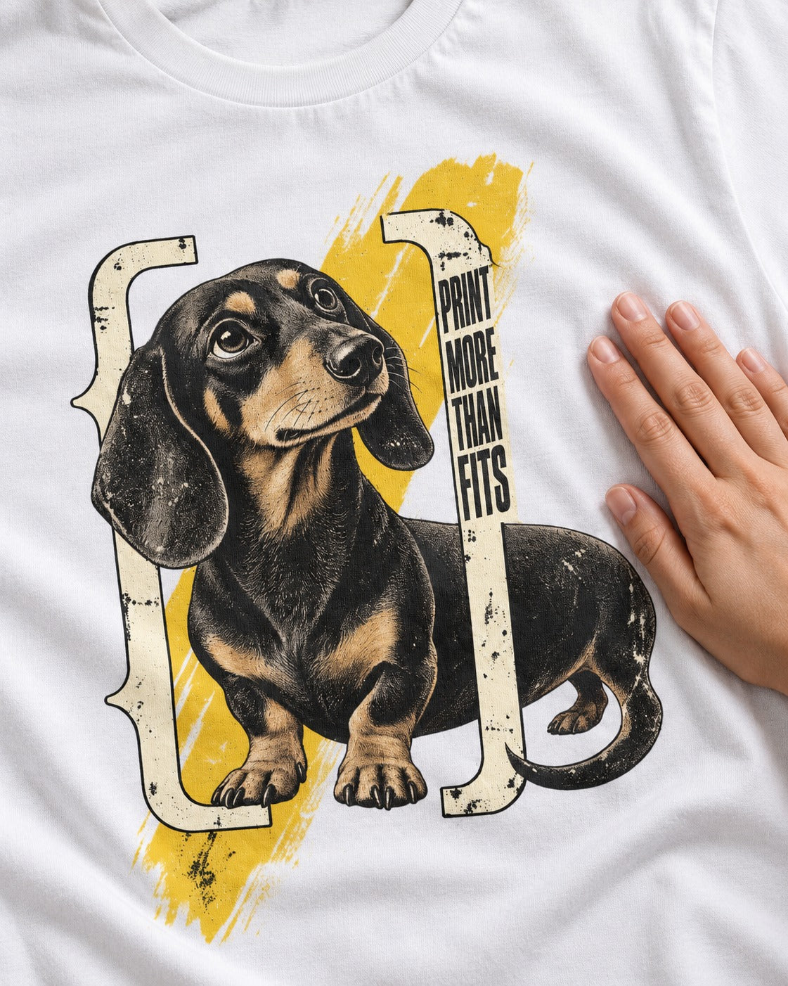 Dachshund More Than Fits T-Shirt in White, close-up of the graphic