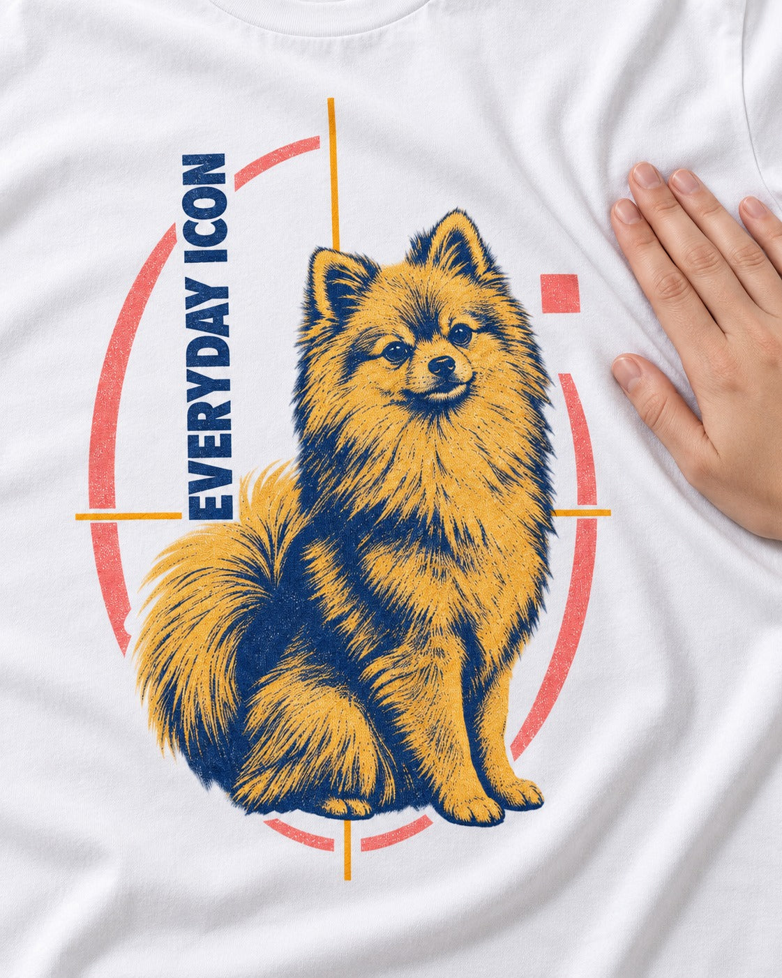 Pomeranian Everyday Icon T-Shirt in White, close-up of the graphic