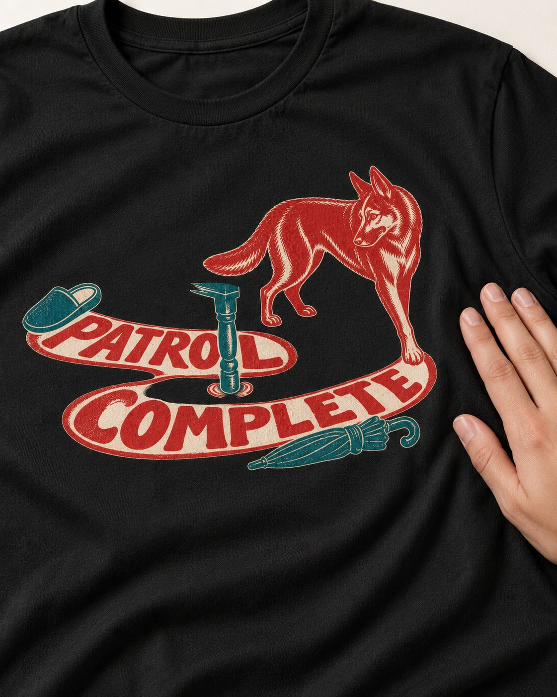 German Shepherd Dog Patrol Complete Umbrella Graphic T-Shirt in Black, close-up of the graphic