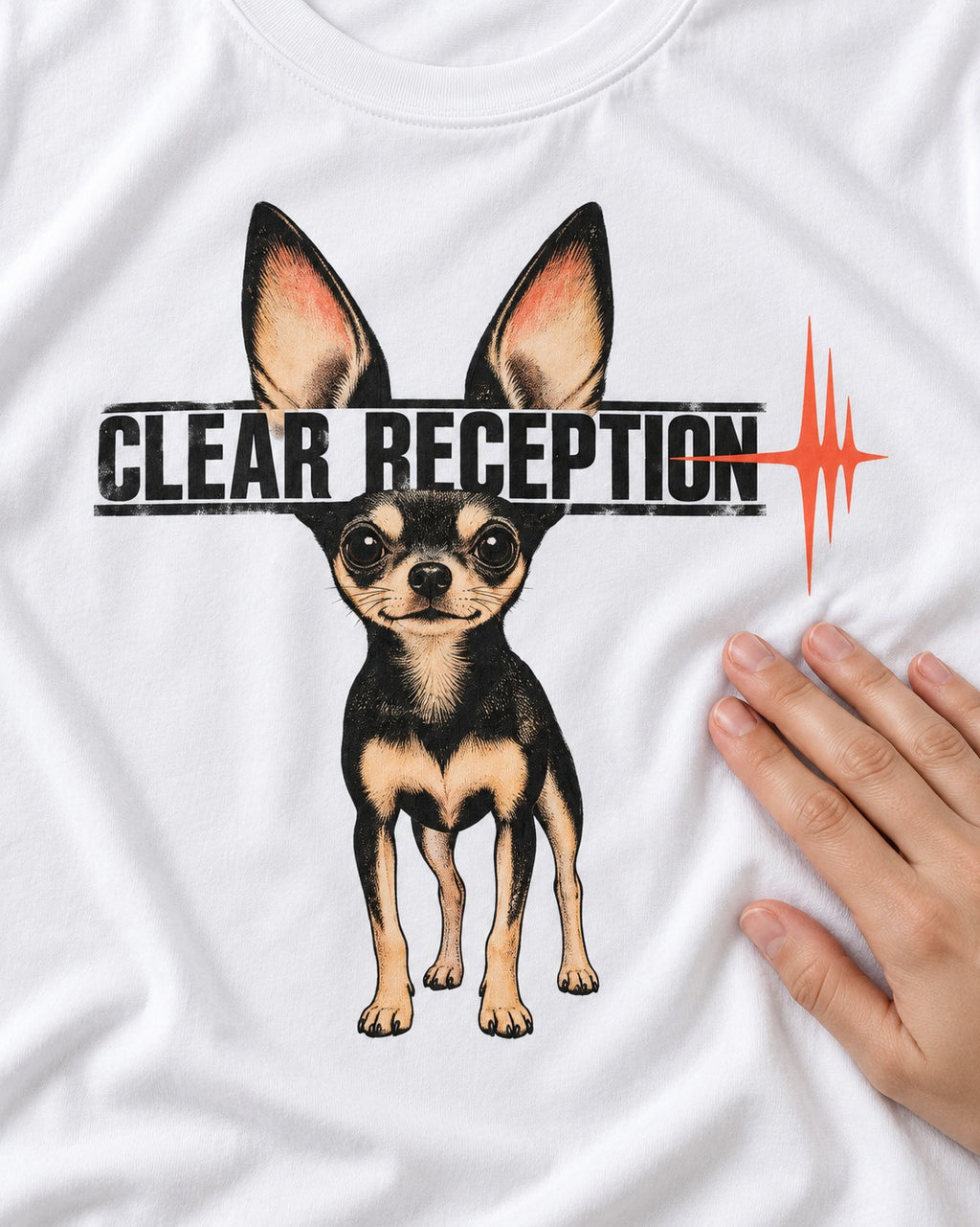 Chihuahua Clear Reception T-Shirt in White, close-up of the graphic